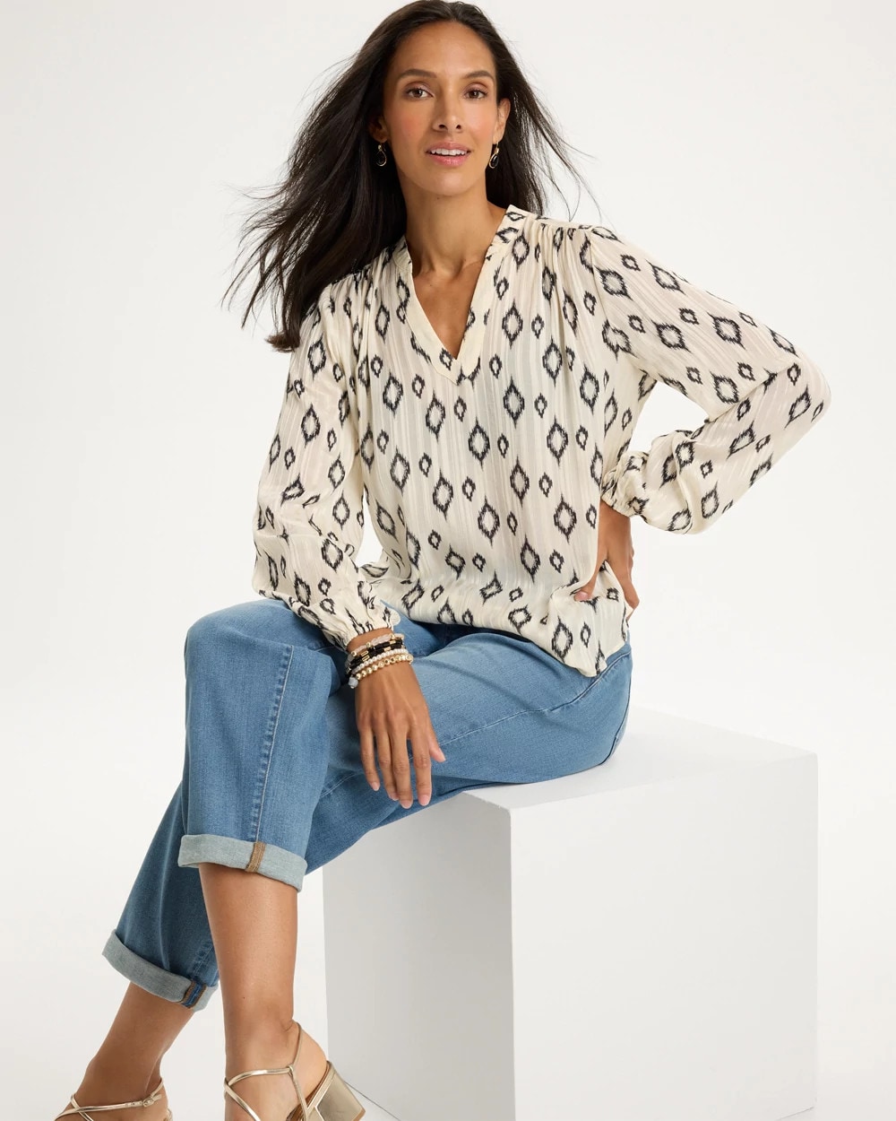 Satin Georgette Geo Long Sleeve Blouse