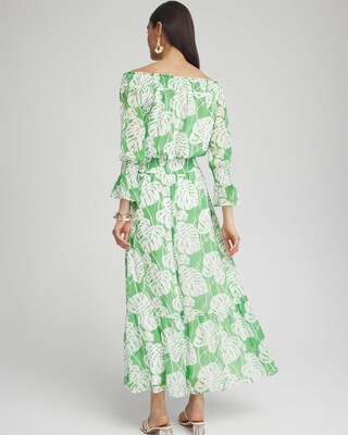 Chiffon Palms Smocked Shoulder Dress