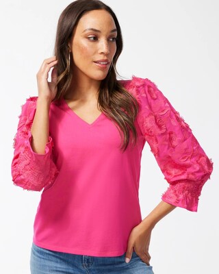 3D Applique Smocked Sleeve Top
