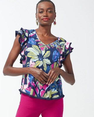 Linen Jungle Print Flutter Sleeve Top