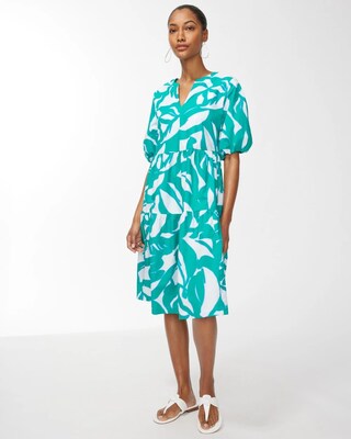 Green Leaf Print Poplin Dress