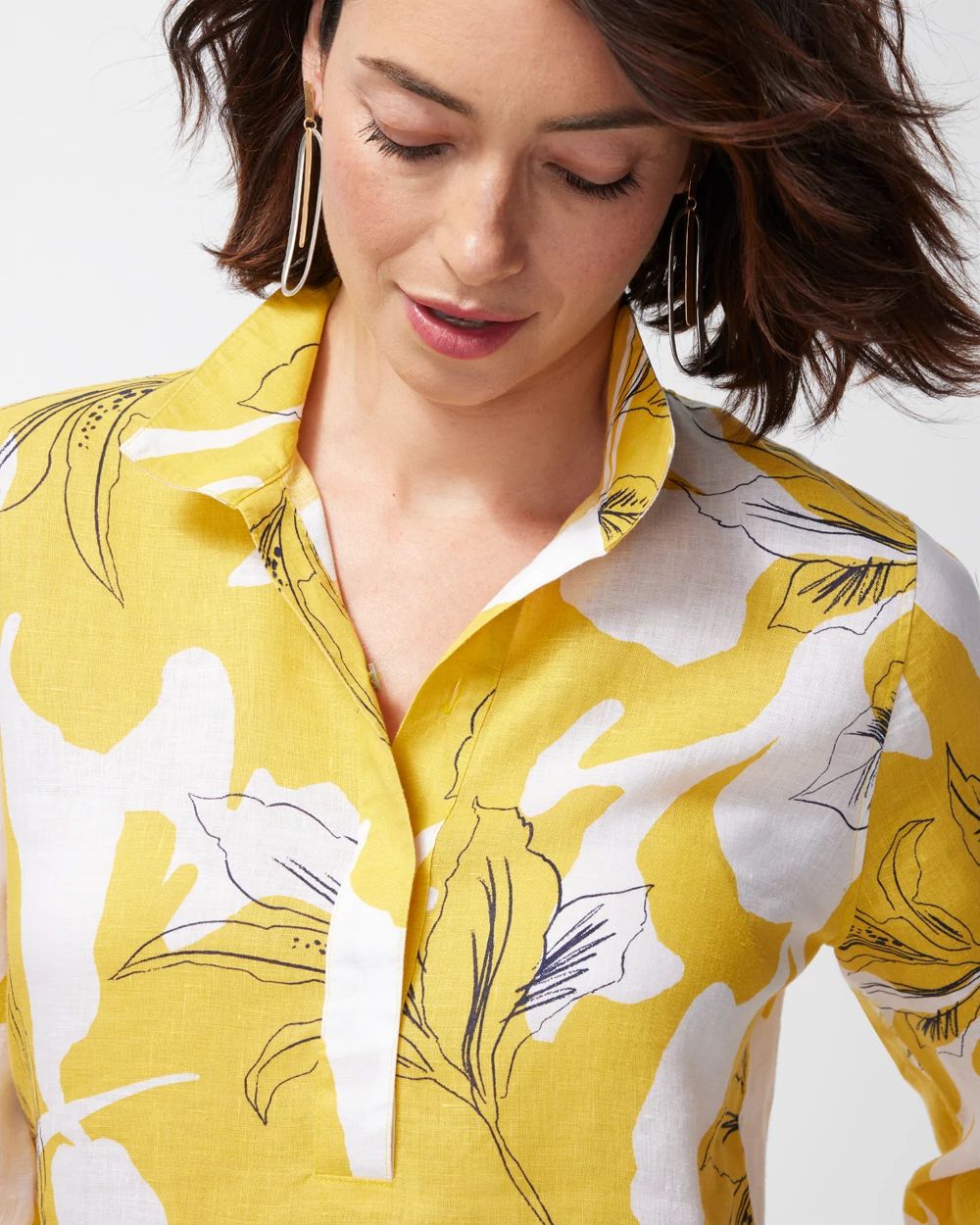 No Iron Linen Tropical Button Back Tunic