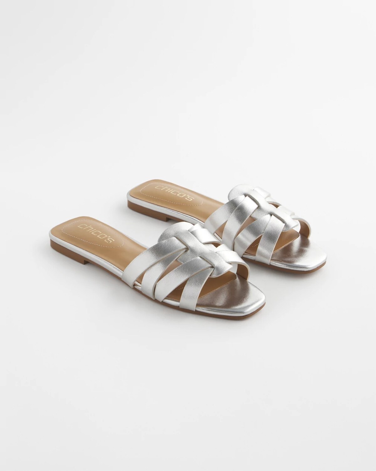 Chico's Leather Cassidy Cross-strap Slide Shoes In Metallic In Silver