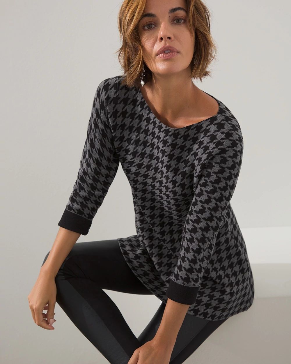 Houndstooth Double Knit Tunic Sweater