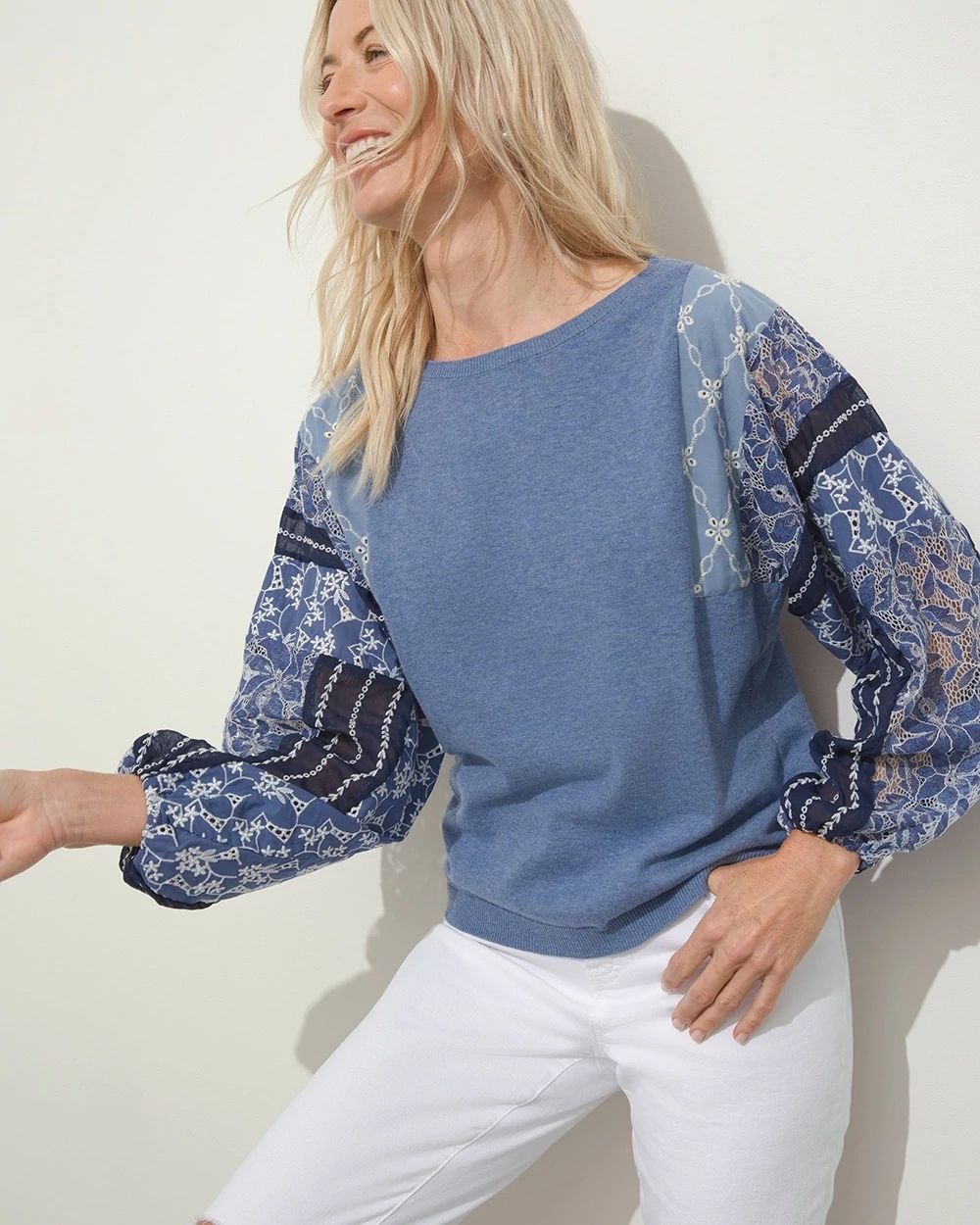 Embroidered Eyelet Sleeve Sweater