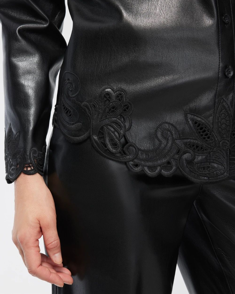 Faux Leather Embroidered Cutwork Shirt