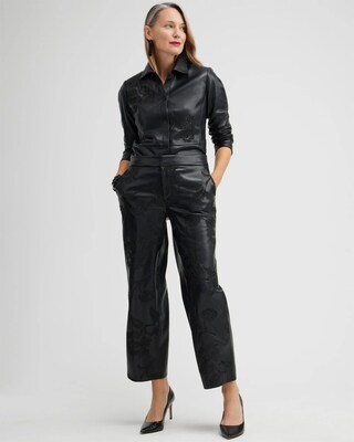 Faux Leather Embroidered Wide Leg Pants
