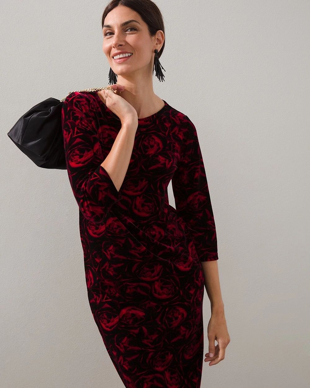 Rose-Print Velvet Midi Dress