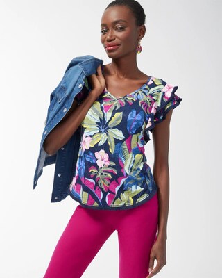 Linen Jungle Print Flutter Sleeve Top