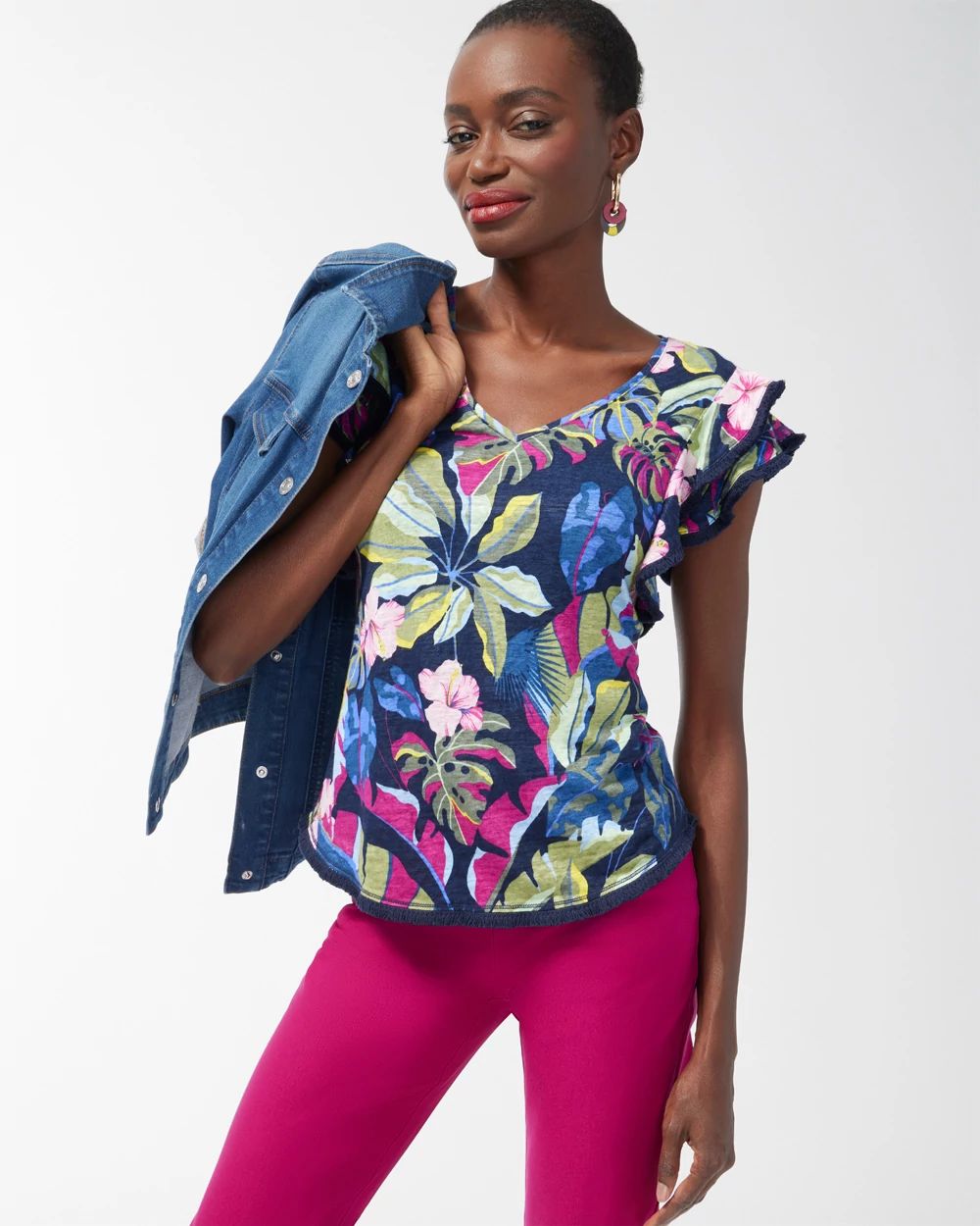 Linen Jungle Print Flutter Sleeve Top