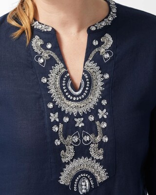 Linen Embellished Navy Tunic Dress
