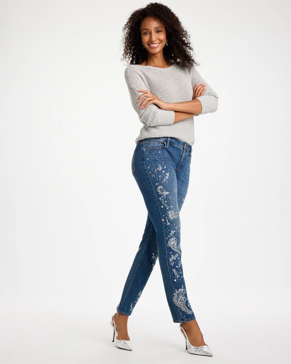 Faux Diamond Embellished Girlfriend Slim Ankle Jeans