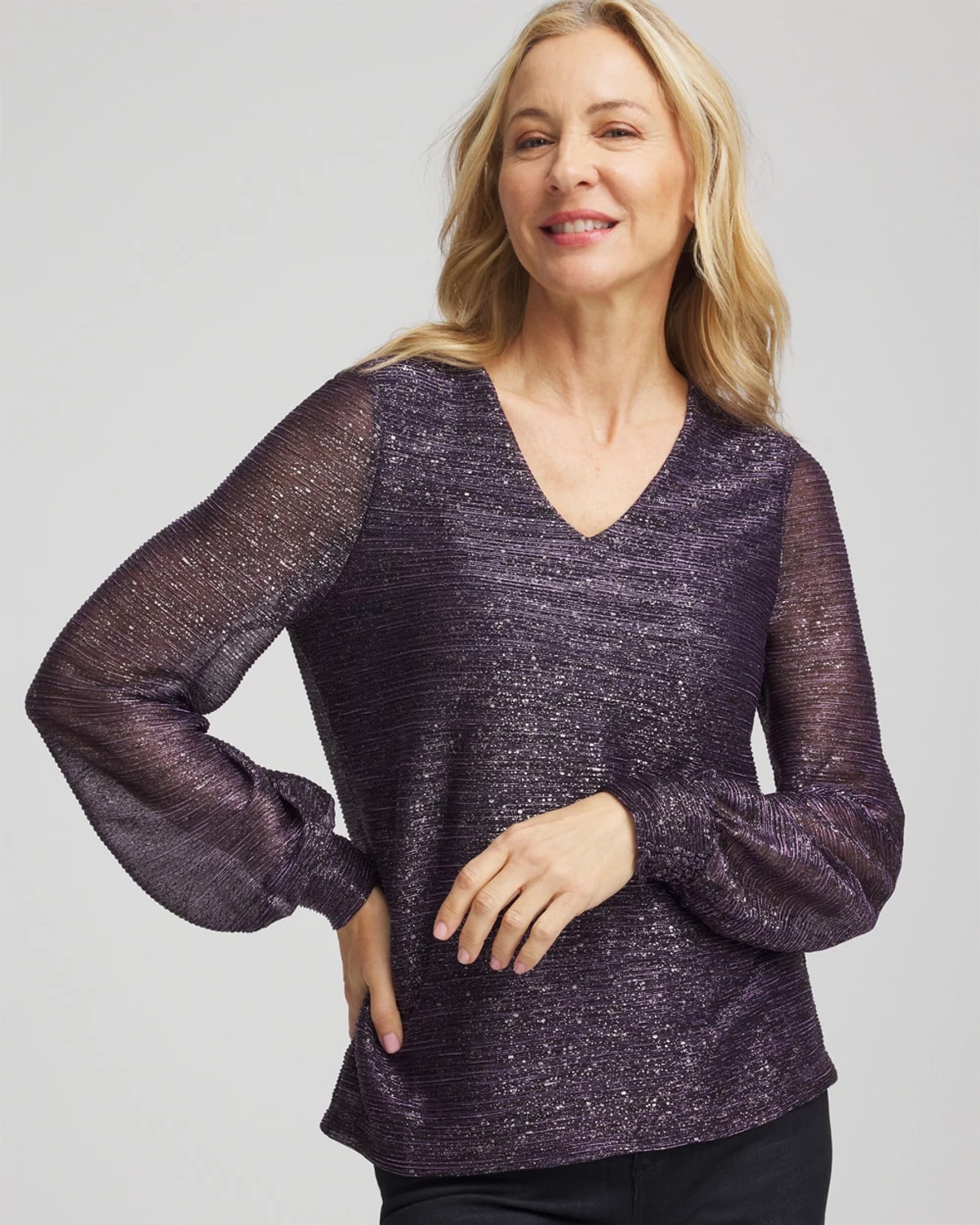 Chico's Foiled Bodre Top In Purple Elixir