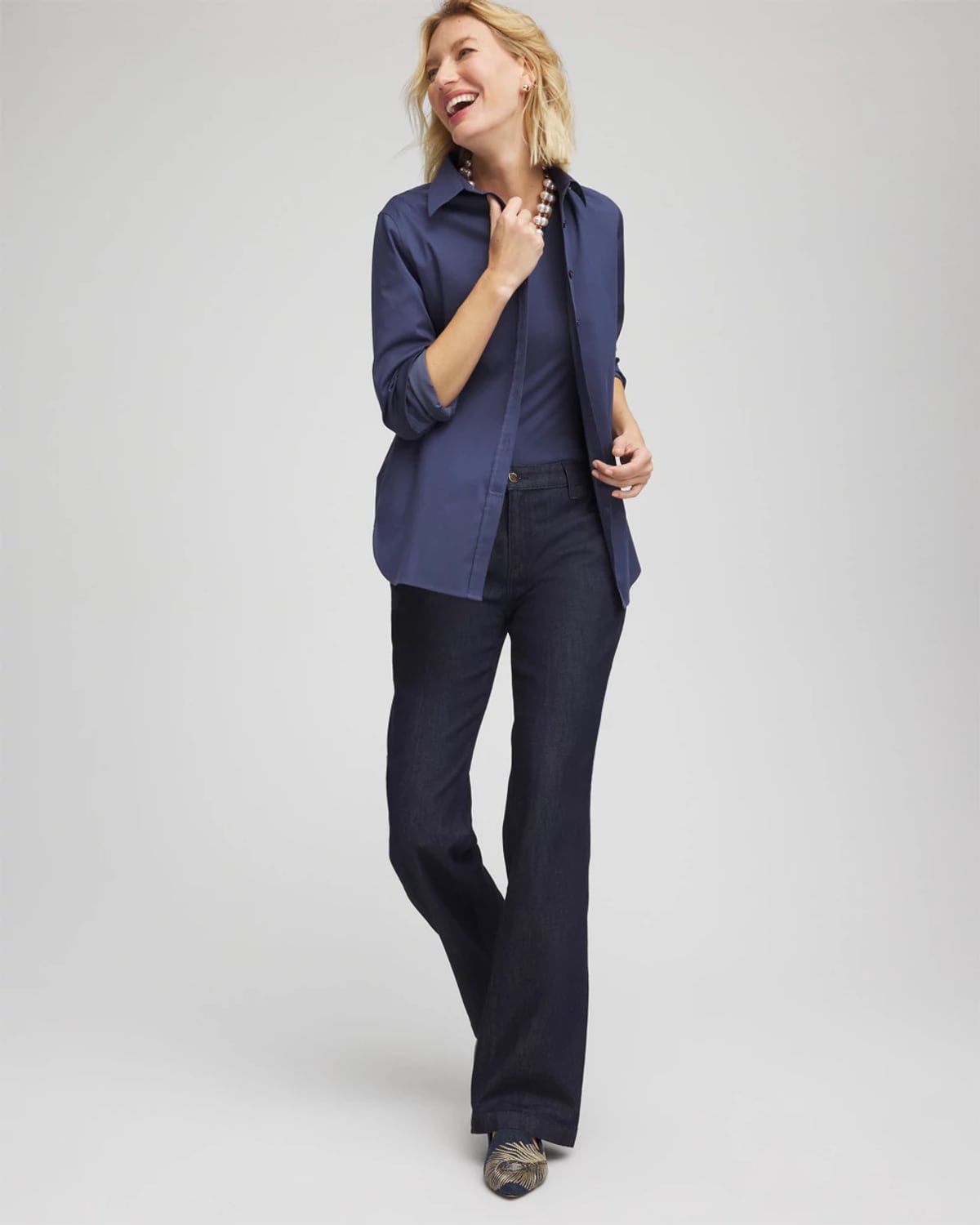 Chico's No Iron Fall Stretch Shirt In Indigo Sky