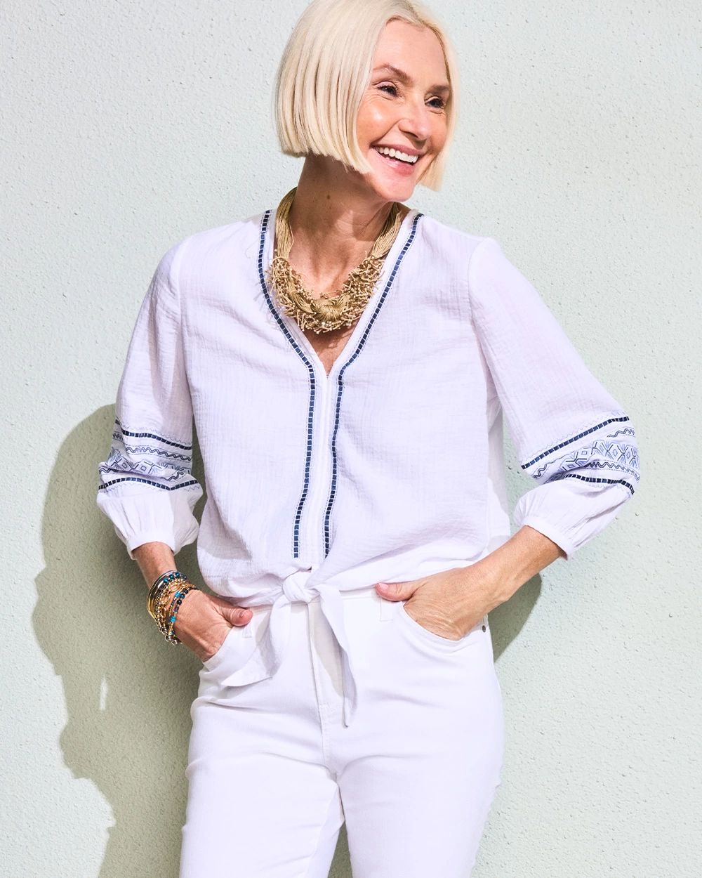 Cotton Gauze Embroidered Tie-Front Blouse
