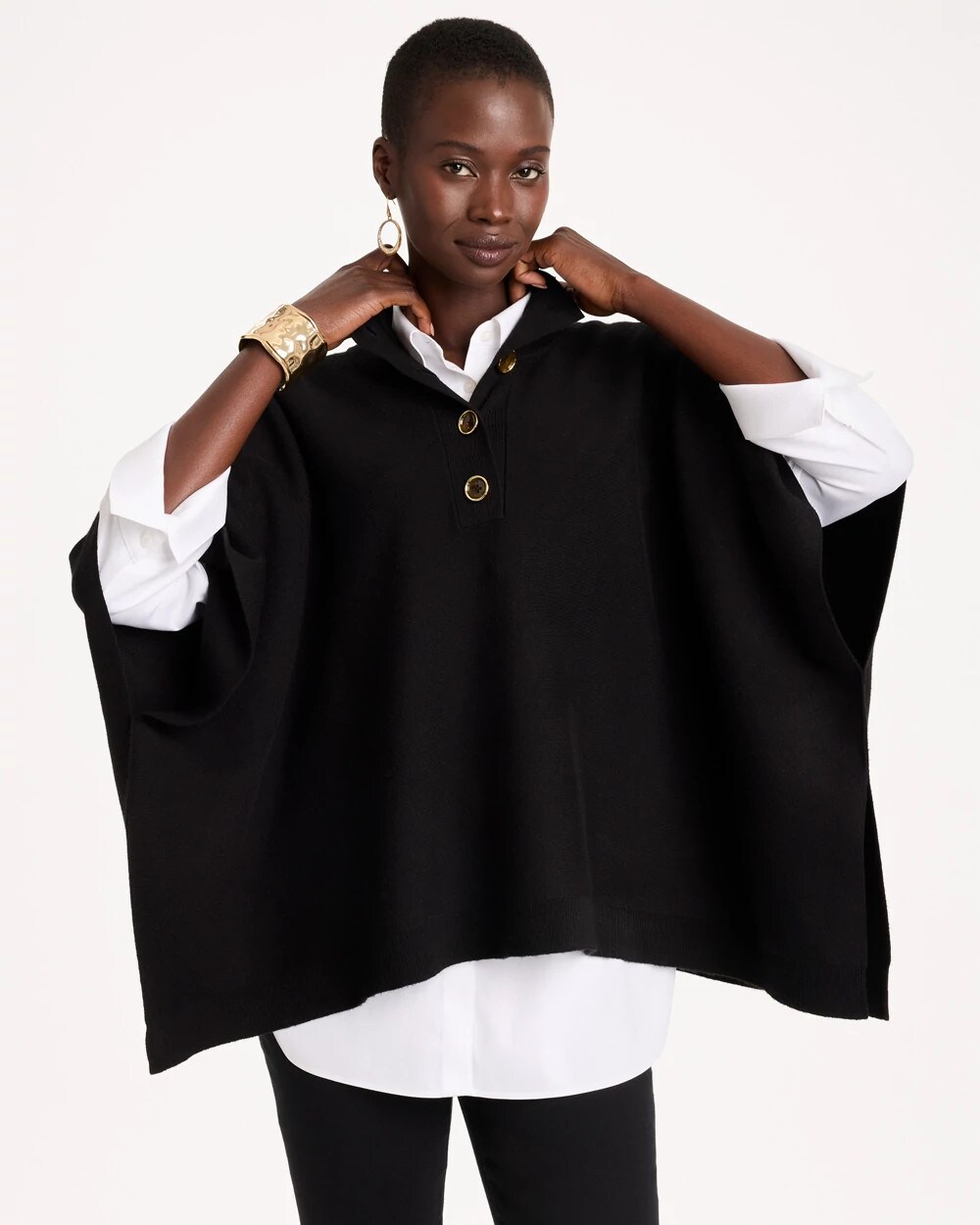 Chico's Button Mockneck Sweater Poncho In Black