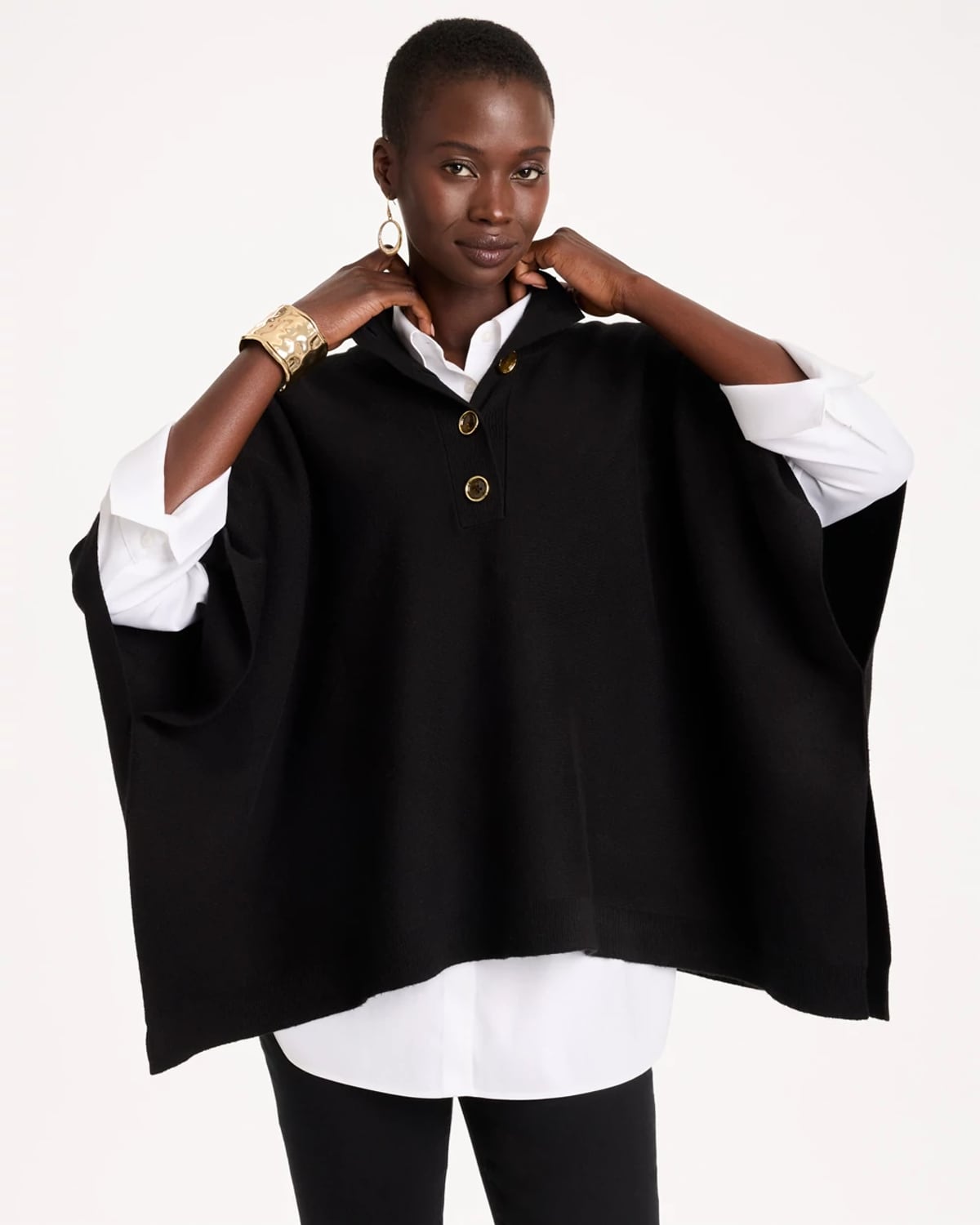 Chico's Button Mockneck Sweater Poncho In Black