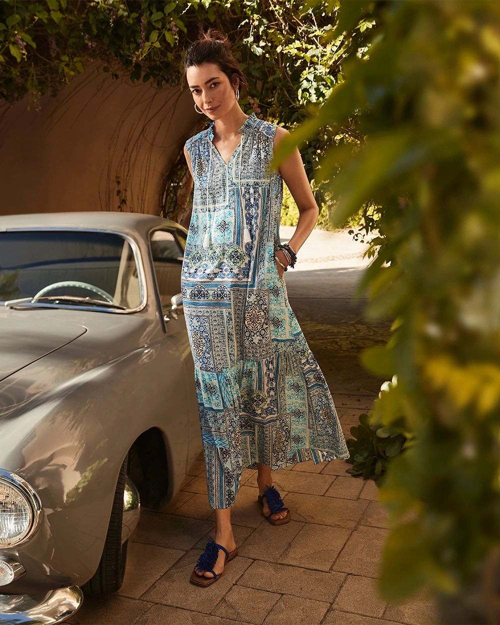 Tile Print Peasant Maxi Dress