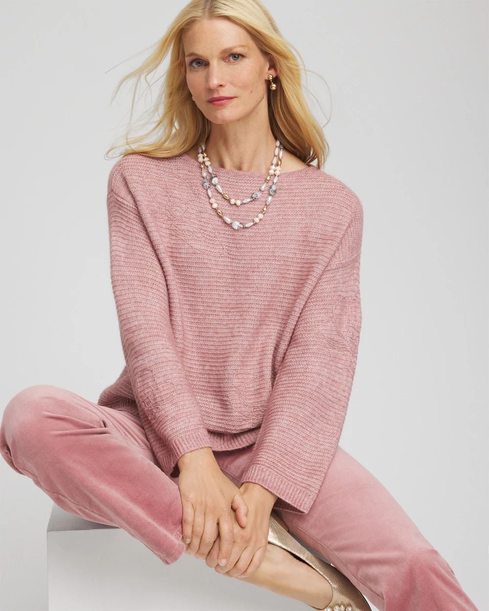 Tonal Embroidered Boatneck Pullover Sweater
