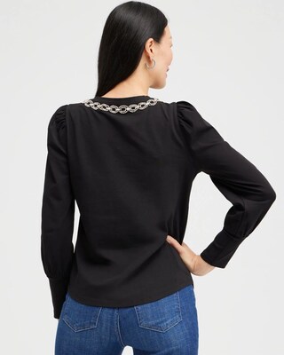 Embellished Neck Shirred Sleeve Top