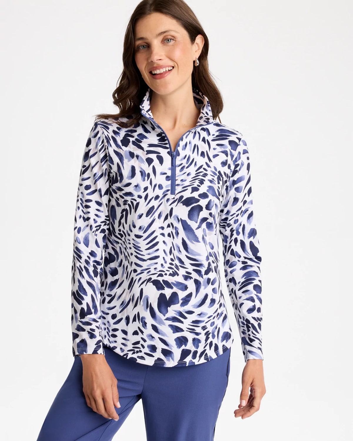 Chico's Printed Half Zip Polo In Storm Blue