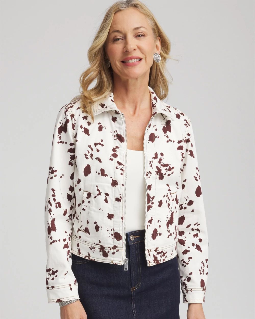 Cow-Print-Motif Denim Jacket