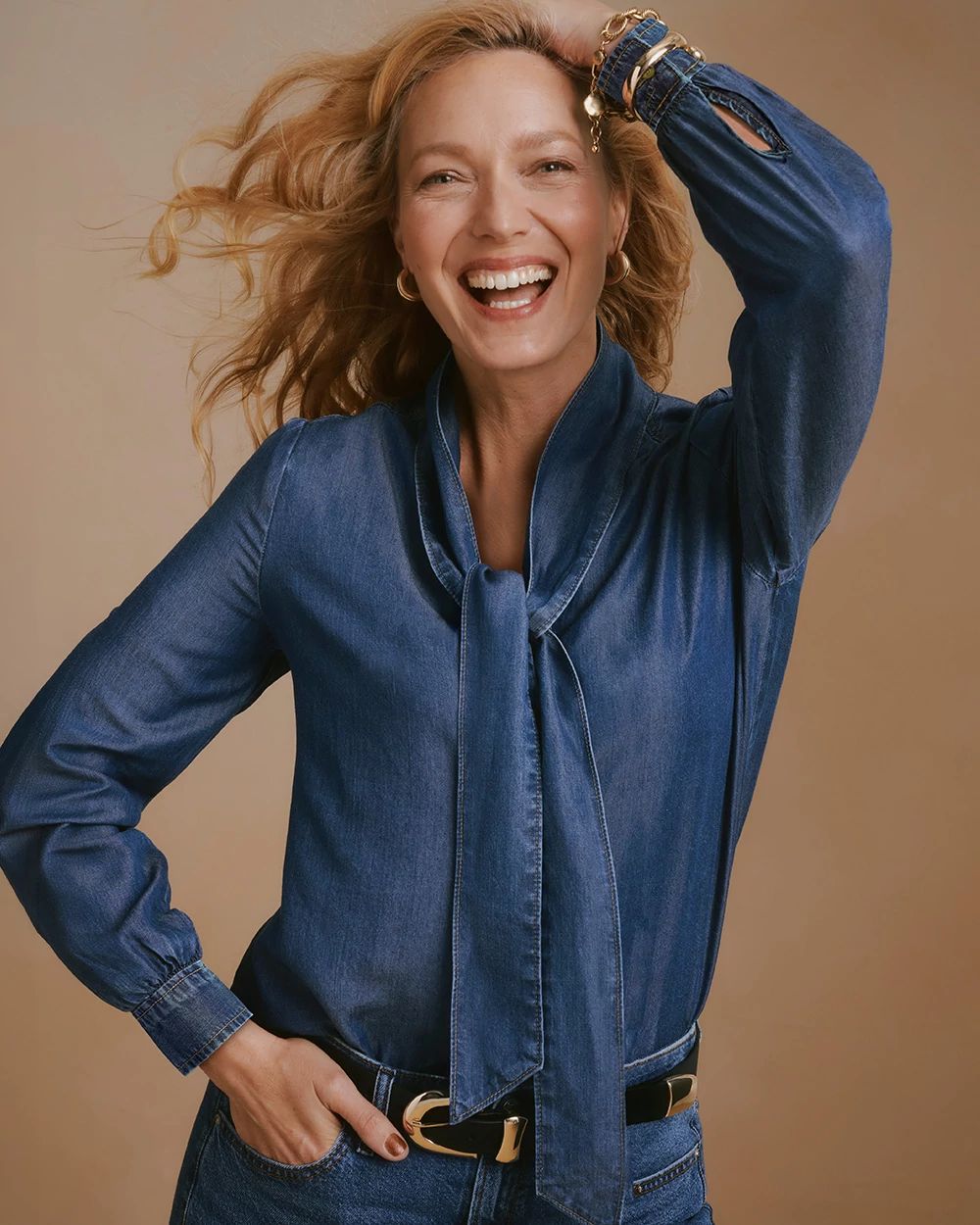 Denim Tie-Neck Shirt