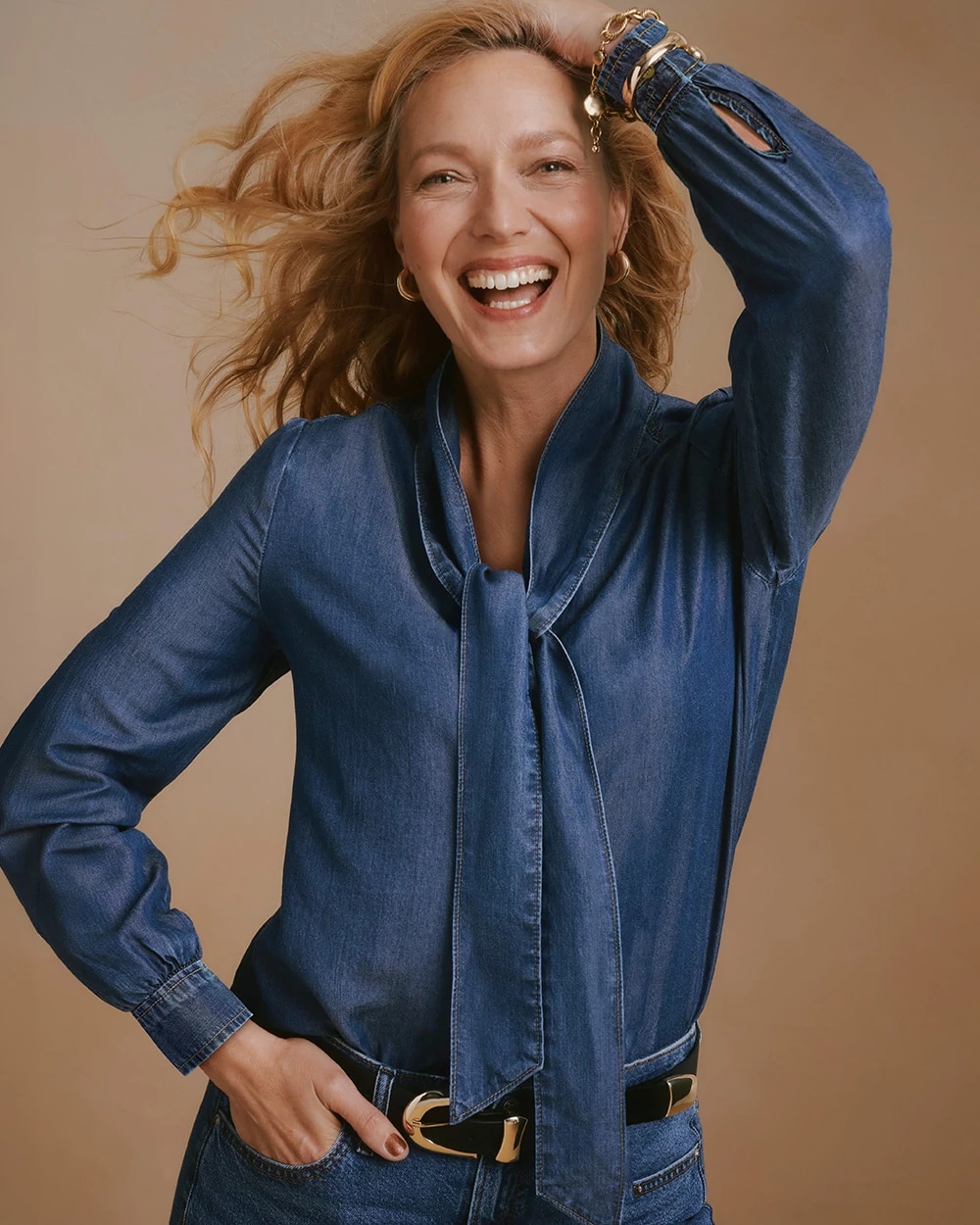 Denim Tie-Neck Shirt