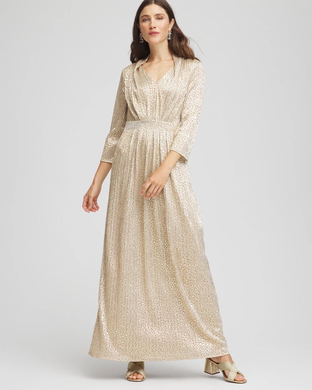 Women's Metallic Knit Pleated Maxi Dress in Gold Size 8/10 | Chico's Women's Metallic Knit Pleated Maxi Dress in Gold Size 8/10 | Chico's