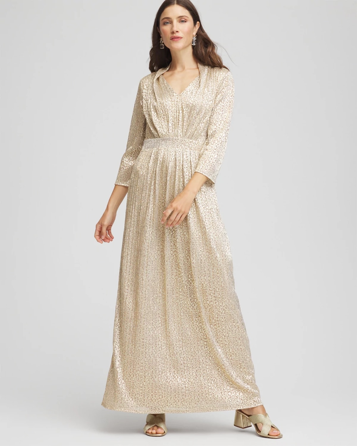 Chico's Metallic Knit Pleated Maxi Dress In Gold In Neutral