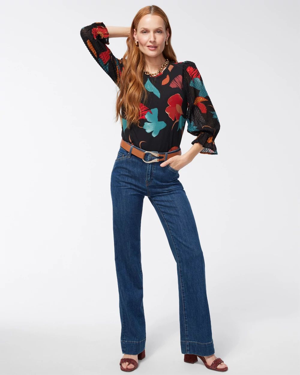 Abstract Print Chiffon Sleeve Top