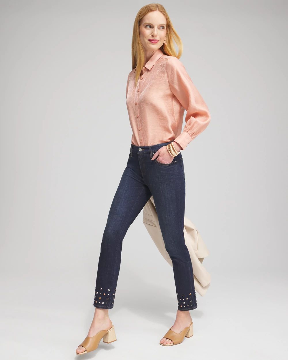 Petite Girlfriend Rivet Detail Ankle Jeans