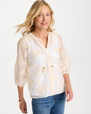 Embroidered Tassel Tie-Front Top