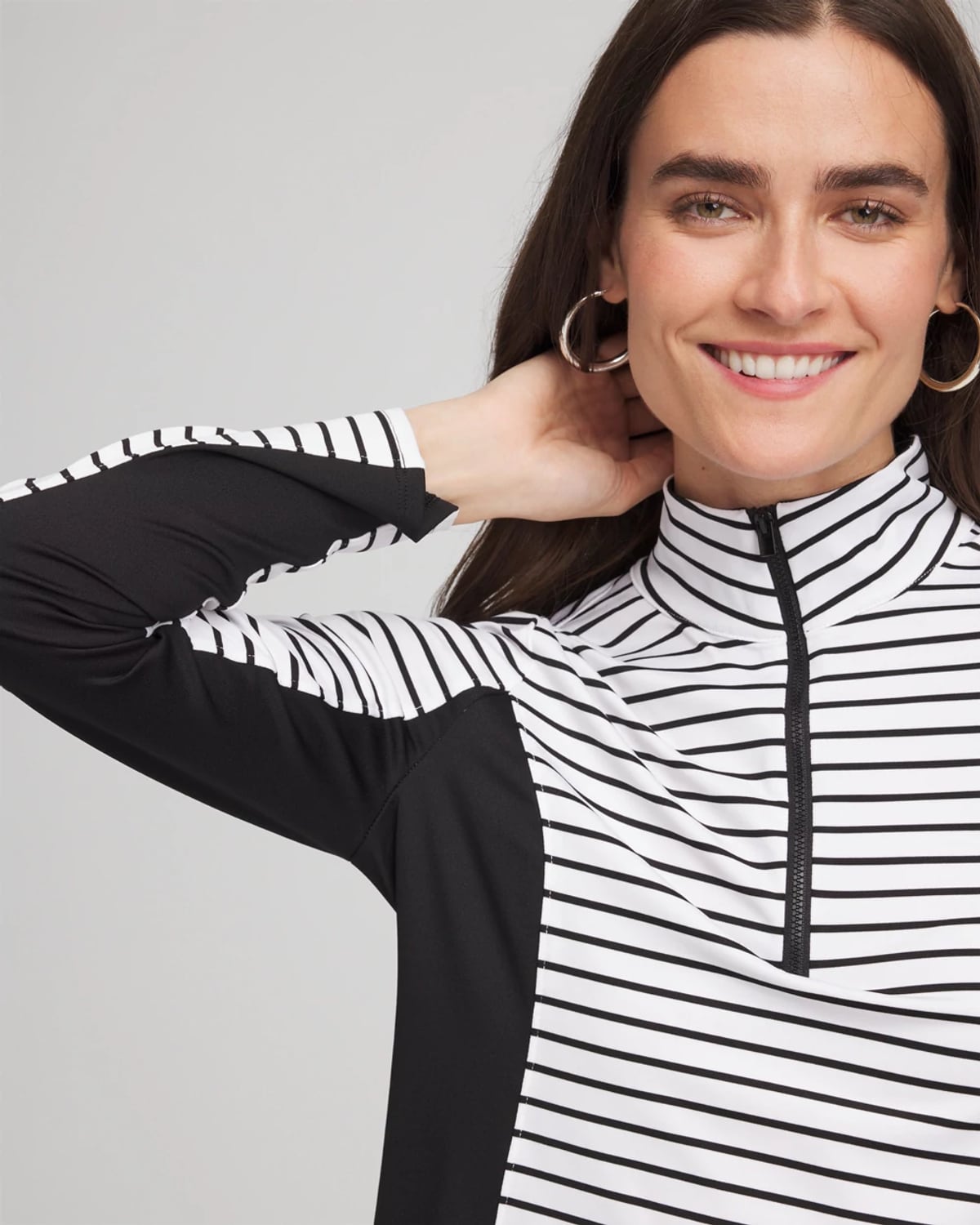 Chico's Striped Zip-front Pullover In Black In Multi