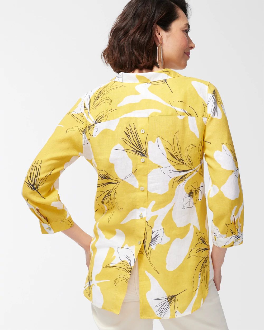 No Iron Linen Tropical Button Back Tunic