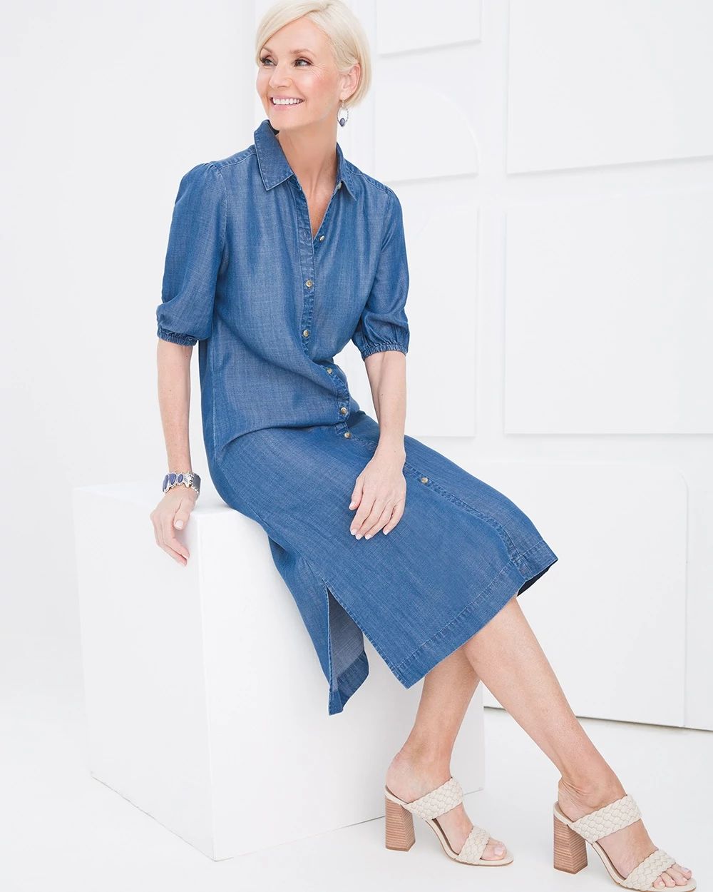 Puff-Sleeve Tencel Shirtdress