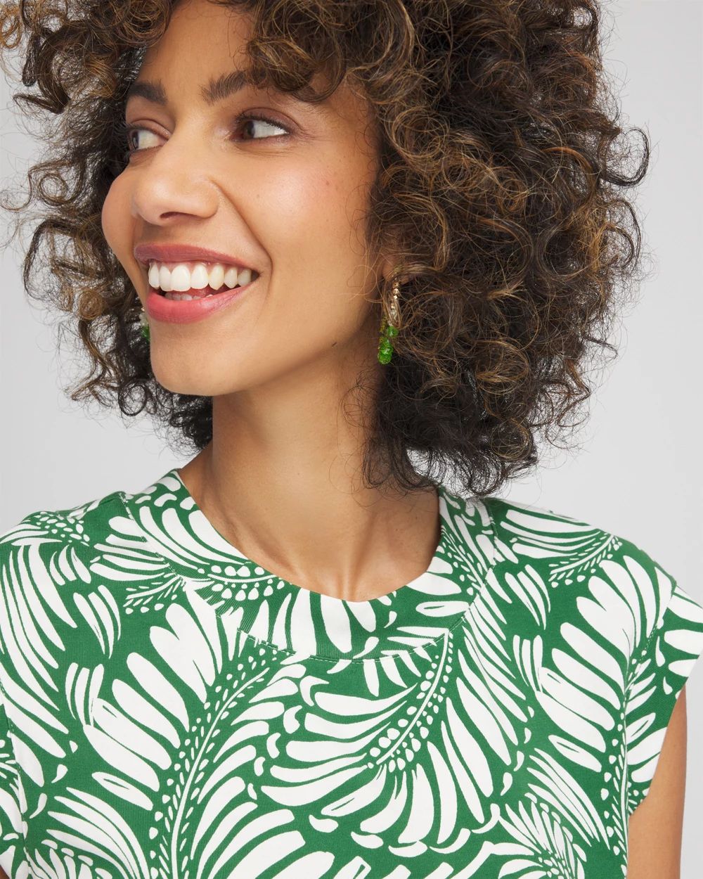Palm-Frond-Print Cap-Sleeve Top