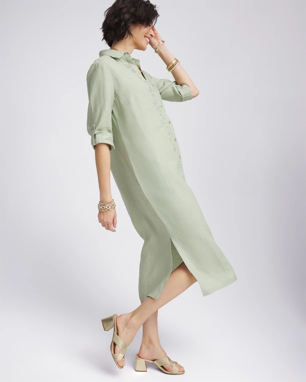 Petite Linen Embellished Midi Shirt Dress