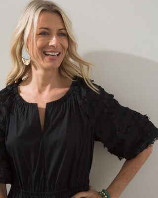 Poplin Fringe Puff Sleeve Dress