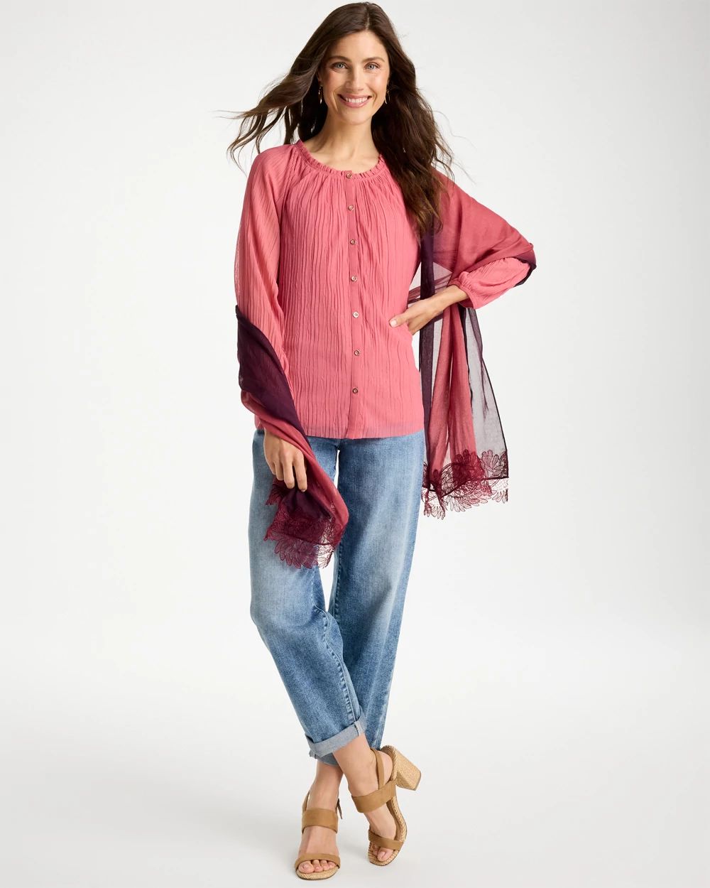 Crinkle Mesh Ruffle Neck Top click to view larger image.