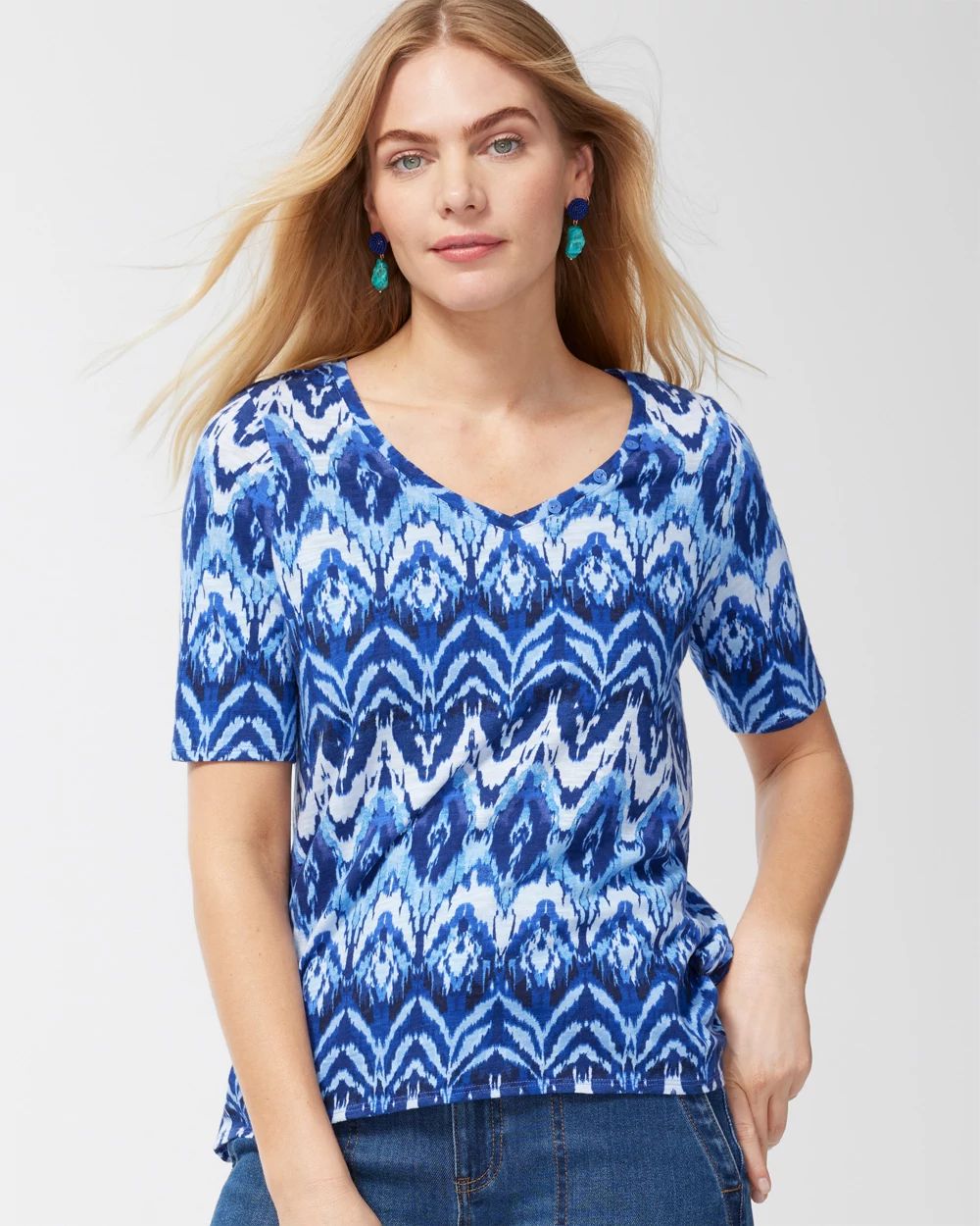 Ikat Button Detail Cotton Slub Tee