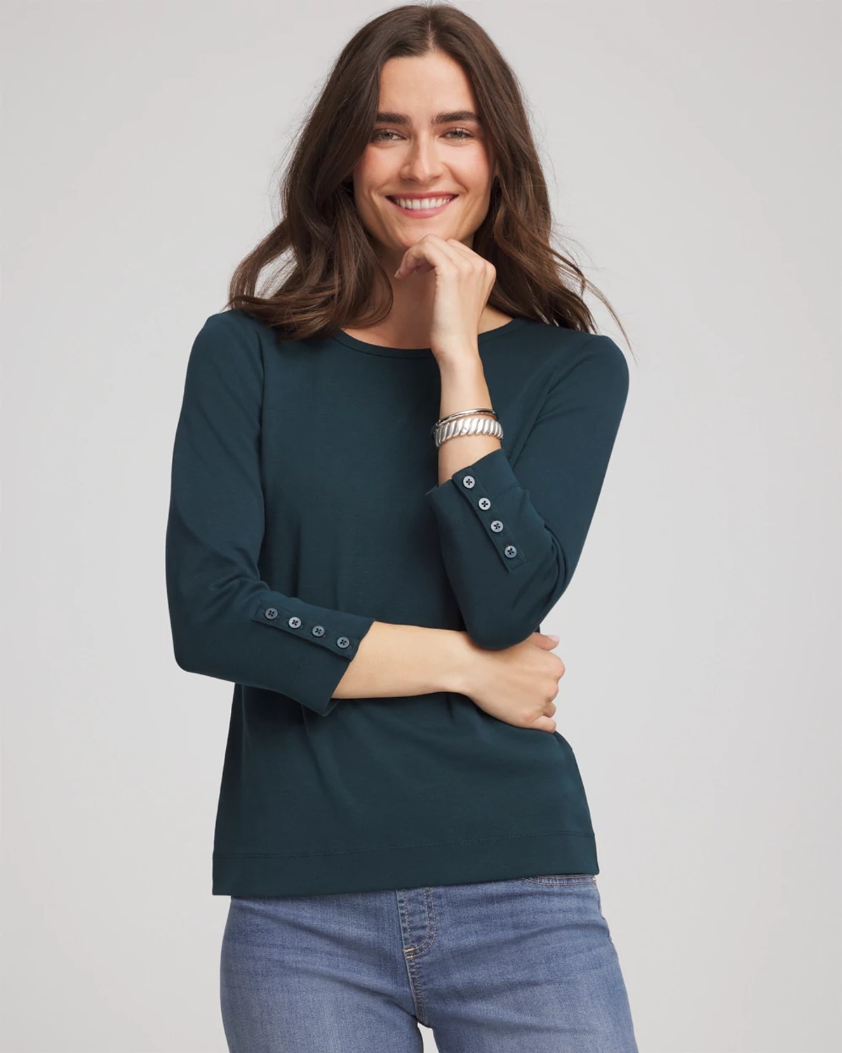 Chico's Pima Cotton Crewneck Button Tee In Teal Shadow