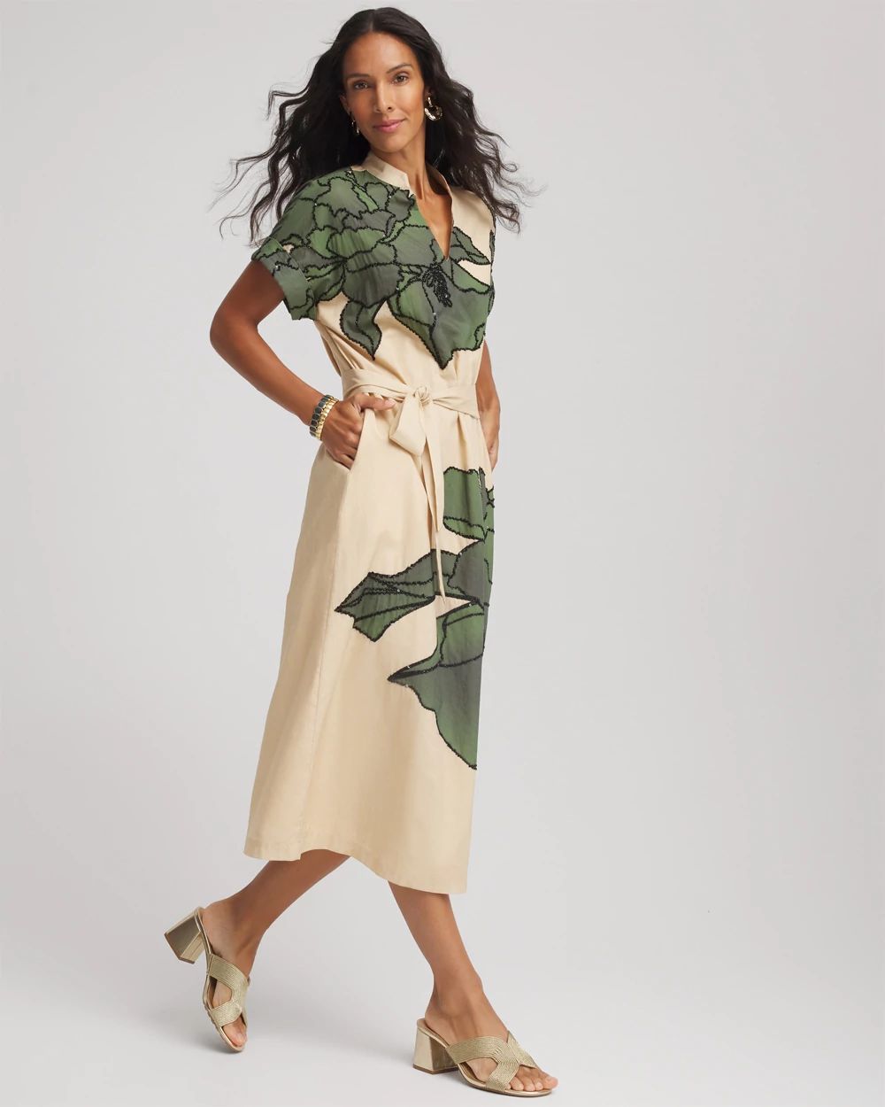 Printed Cotton-Voile Popover Midi Dress