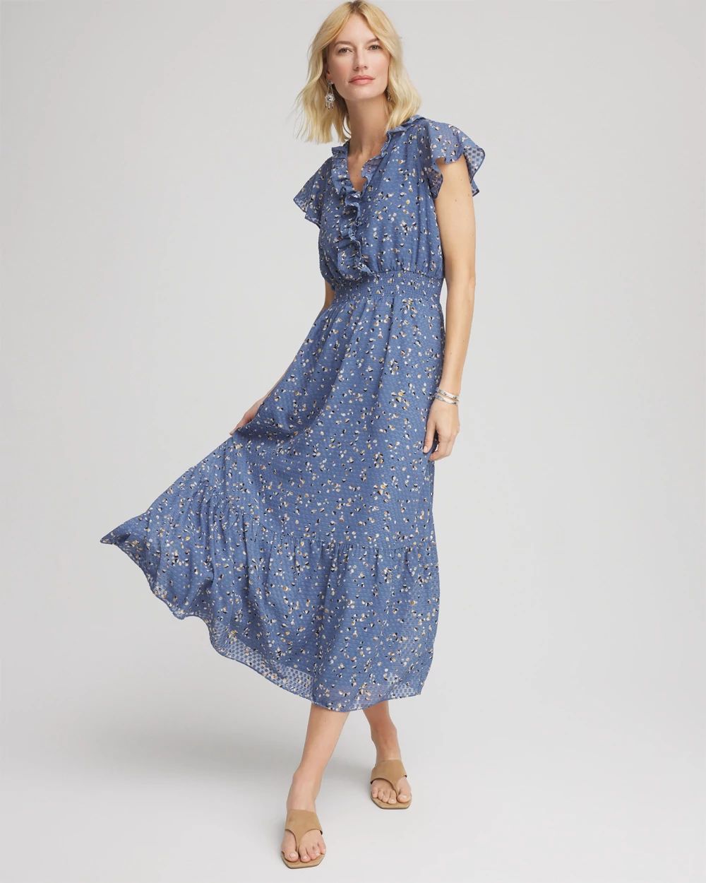 Textured Ruffled-Placket Maxi Dress