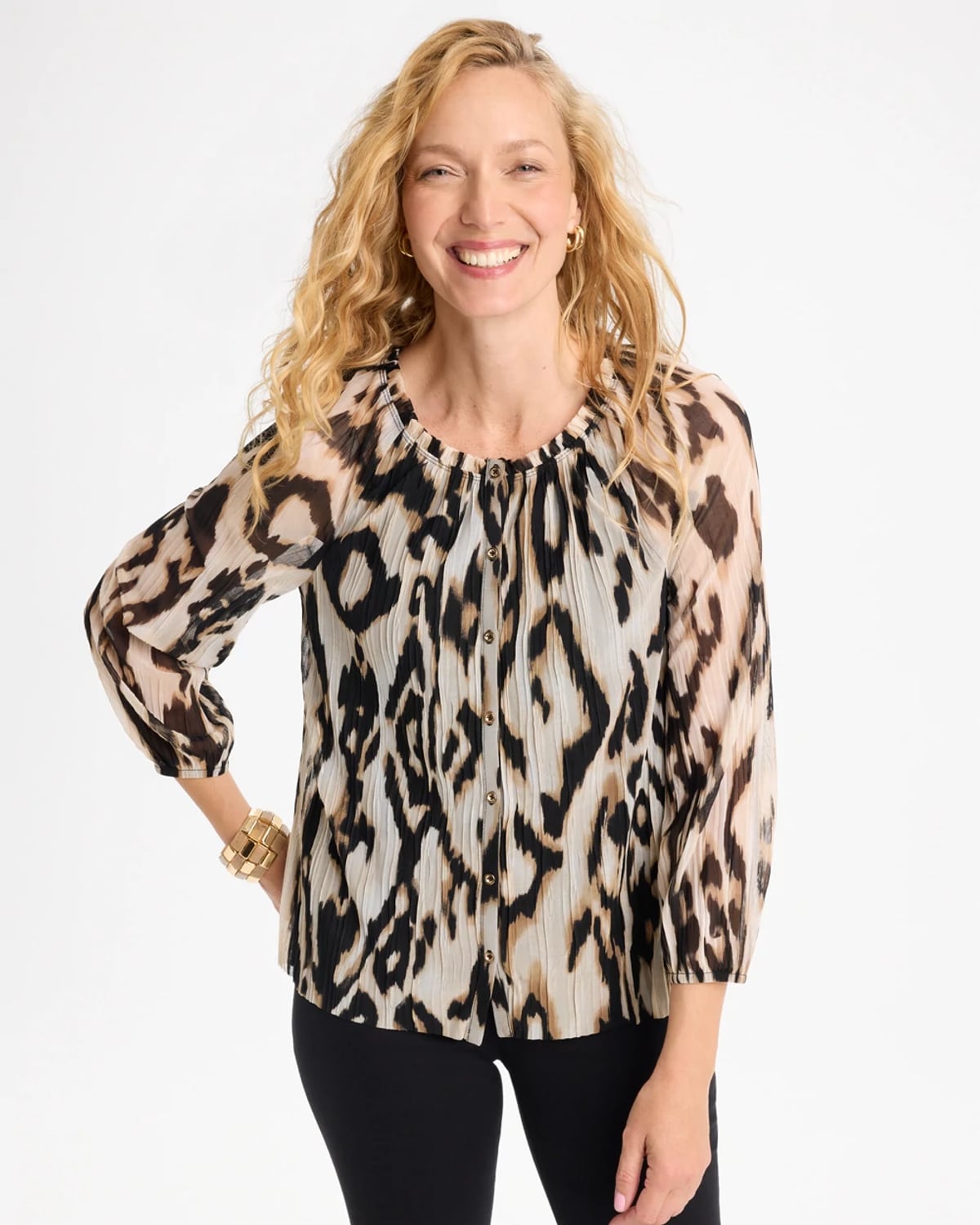 Women's Ikat Animal Crinkle Mesh Ruffle Neck Top in Black | Chico's