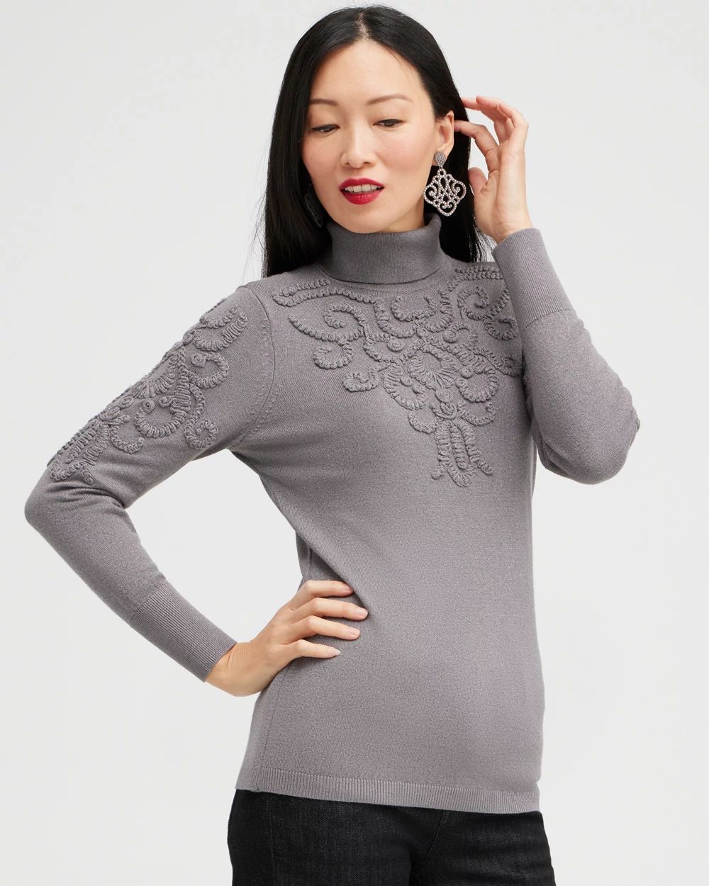 Silver Soutache Turtleneck Sweater