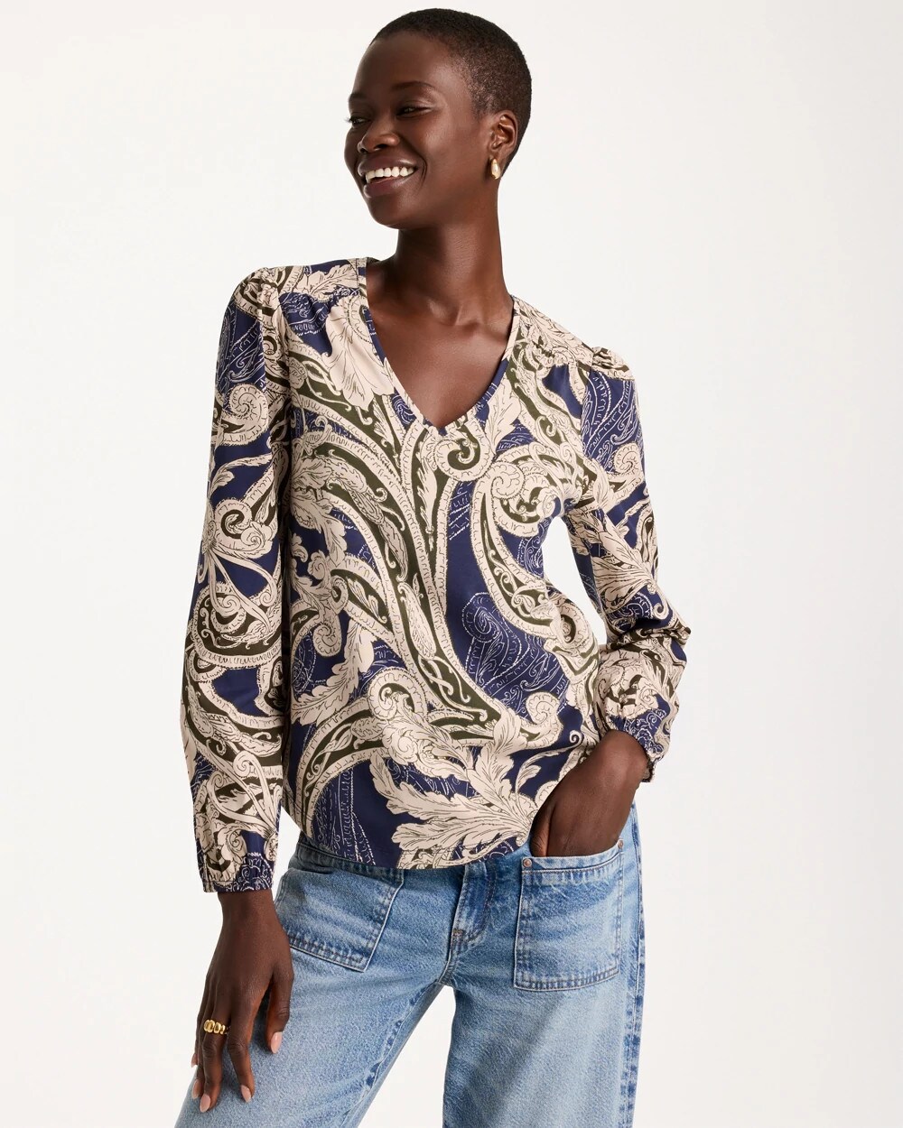 Chico's Jersey Knit Poplin-sleeved Top In Mossy Grove