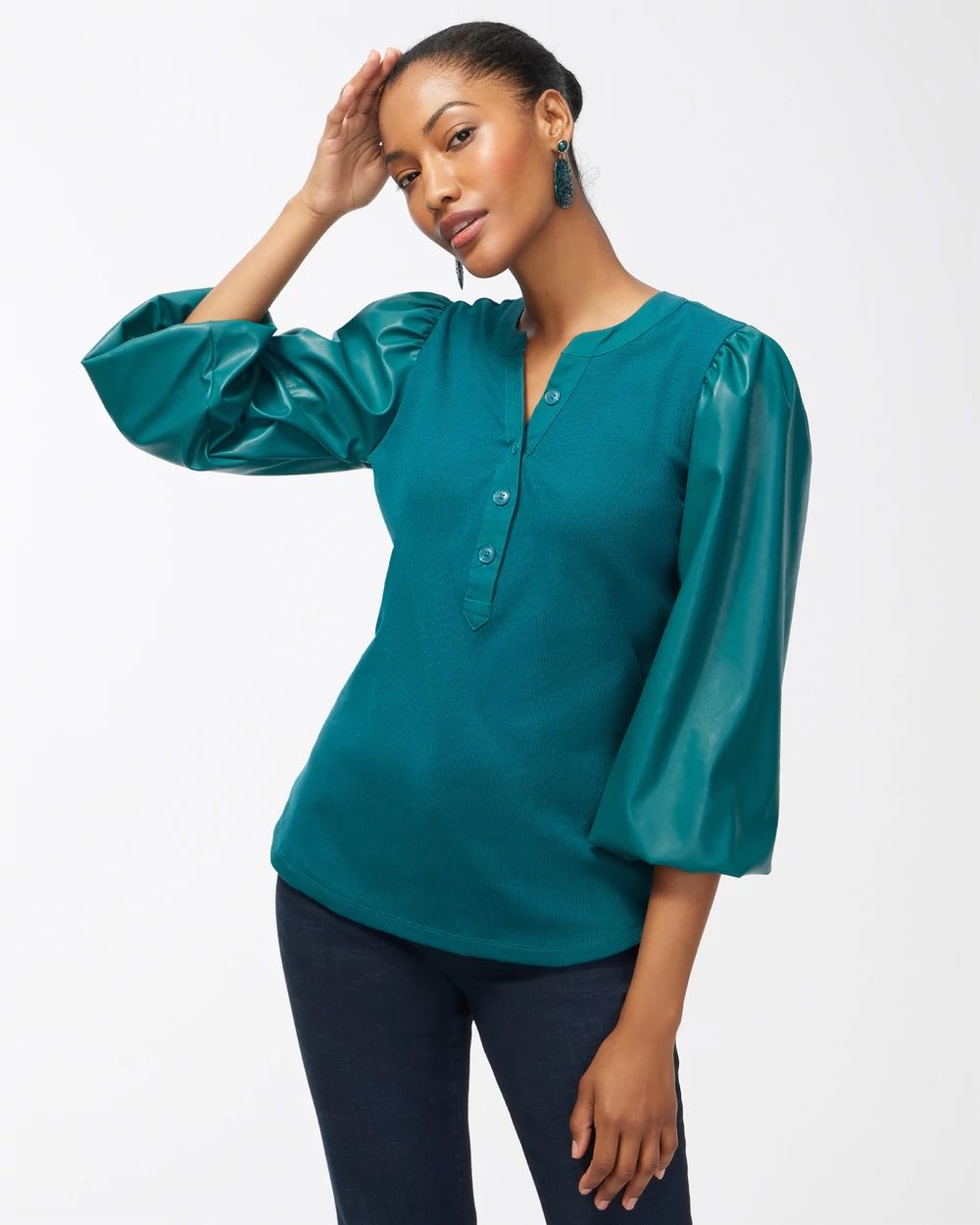 Faux Leather Sleeve Henley Top