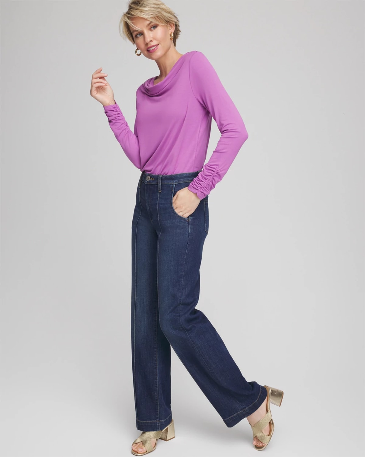 Chico's Touch Of Cool Long-sleeved Cowlneck Tee In Gooseberry In Animal Print