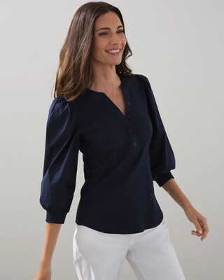 Rib Knit Woven Puff Sleeve Top